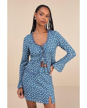 Lulus Adorable Composure Floral Lace Tie-Front Long Sleeve Top - Blue