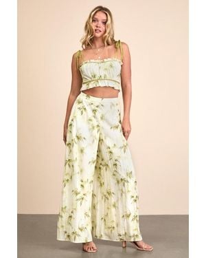Lulus Alvima Multi Leaf Print Wide-Leg Trousers - Natural