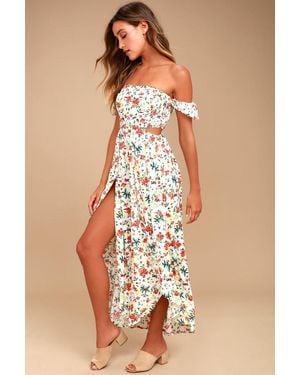 Lush Easy On The Eyes Cream Floral Print Off-The-Shoulder Maxi Dress - Natural