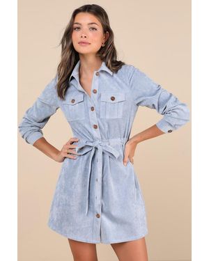 Lulus Simple Affection Corduroy Mini Dress With Pockets - Blue