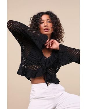 Lulus Izara Crochet Knit Tie-Front Long Sleeve Top - Black