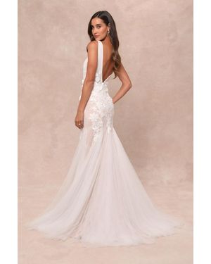 Lulus Exceptional Vow Tulle Lace Applique Mermaid Maxi Dress - Natural