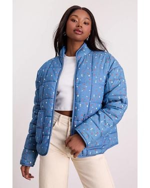 Lulus Bundled Perfection Bright Floral Quilted Puffer Jacket - Blue