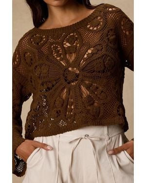 Lulus Martinez Sheer Crochet Pullover Jumper - Brown