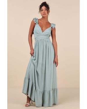 Lulus Soiree Celebration Floral Ruffled Lace-Up Maxi Dress - Blue