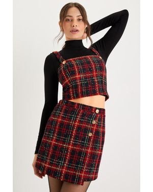 Lulus Adorably Posh Plaid Tweed Faux-Wrap Mini Skirt - Red
