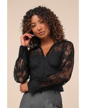 Lulus Major Affection Lace Collared Cropped Bustier Top - Black