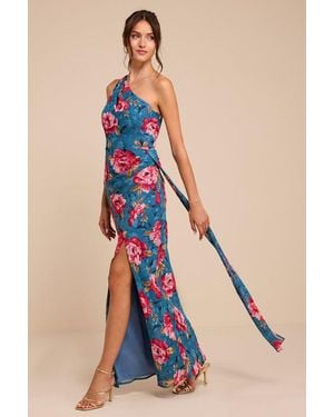 Lulus Miki Floral Print One-Shoulder Sash Maxi Dress - Blue