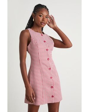 Lulus Aloriana Gingham Tweed Button-Front Mini Dress - Red