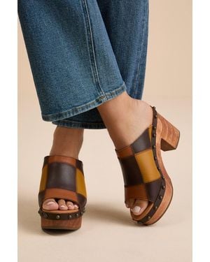 Dingo Mosaic Multi Leather Patchwork Wooden Platform Slide Sandals - Orange