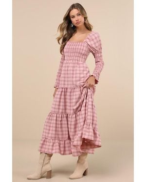 Sister Jane Pointe Check Plaid Smocked Tiered Long Sleeve Midi Dress - Pink