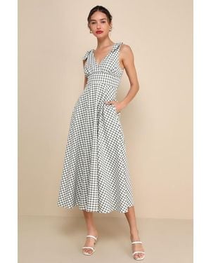 Lulus Sweetest Posture And Cream Gingham Midi Dress With Pockets - Natural