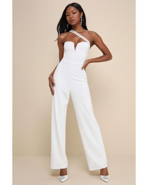 Lulus Sparkling Praise Notched Rhinestone One-Shoulder Jumpsuit - Natural