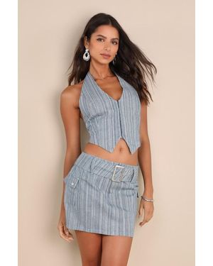 Lulus Sunny Theme Striped Belted Cargo Mini Skirt - Gray