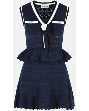 Self-Portrait Cotton Blend Openwork Knit Mini Dress - Blue