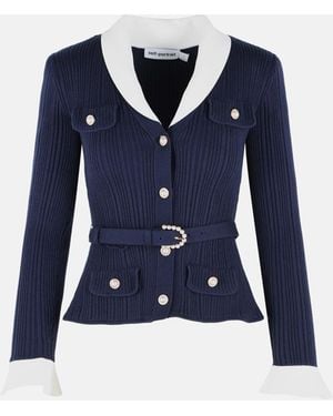 Self-Portrait Ribbed Cardigan - Blue