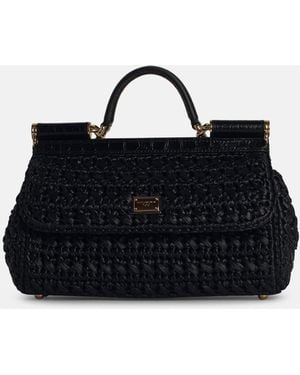 Dolce & Gabbana Small 'Sicily' Raffia Blend Bag - Black