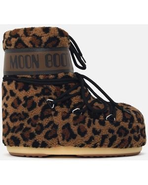 Moonboot 'Mb Icon Low Fleece' Leopard Teddy Boots - Black