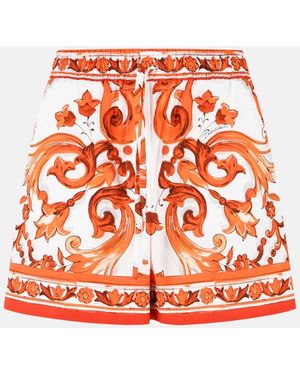 Dolce & Gabbana 'Maiolica' Print Cotton Poplin Shorts - Orange