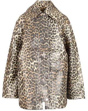 Ganni Leopard Laminated Cotton Jacket - Gray