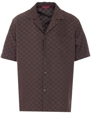 Gucci Gg Fabric Linen Blend Bowling Shirt - Brown