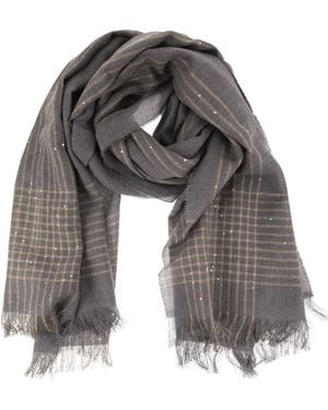 Peserico Virgin Wool Scarf With Check Pattern, Sequins And Lurex Details - Gray