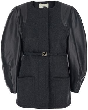 Fendi Crewneck Jacket With Puffed Leather Sleeves - Gray