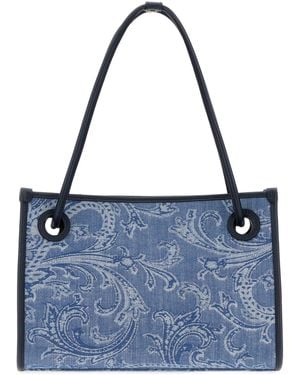 Etro Embroidered Denim Small Eyes Shopping Bag - Blue