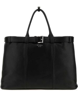 Prada Buckle Leather Large Handbag - Black