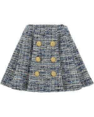 Balmain Tweed Skirt With Pleats - Blue