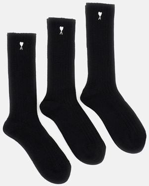 Ami Paris Pack Three Ami De Coeur Embroidery Socks - Black
