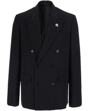 Gucci Double-Breasted Jacket With Peak Revers And Gg Motif - Blue