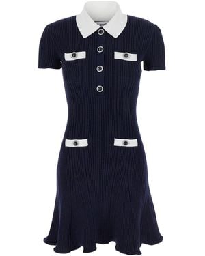 Self-Portrait Contrast Collar Knit Mini Dress - Blue