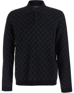 Gucci Sweater With Polo Shirt Collar And Allover Gg Motif - Blue