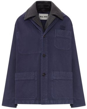 Miu Miu Single-Breasted Gabardine And Leather Jacket - Blue