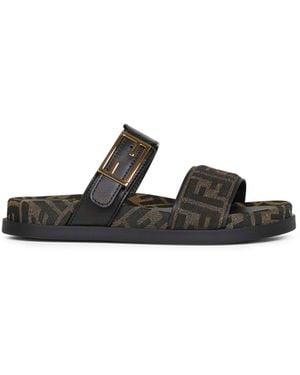 Fendi Ff Fabric And Leather Feel Slide Sandals - Black