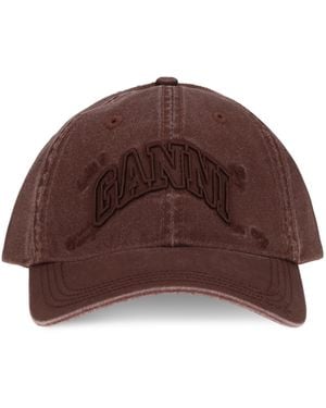 Ganni Cotton Baseball Cap With Embroidered Logo - Brown
