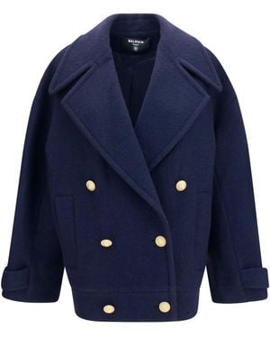 Balmain Double-Breasted Wool Coat With Buttons - Blue