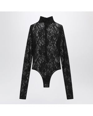 ANDAMANE Semi-Sheer Lace Turtleneck Bodysuit - Black
