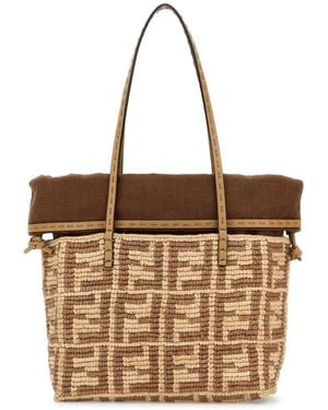 Fendi Embroidered Straw Small Roll Shopping Bag in Metallic