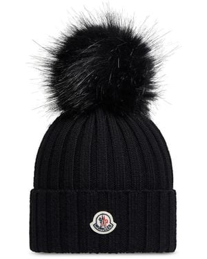 Moncler Wool Hat With Pompom - Black