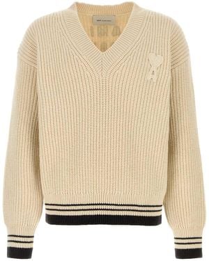 Ami Paris Knitted V Neck Sweater - Natural