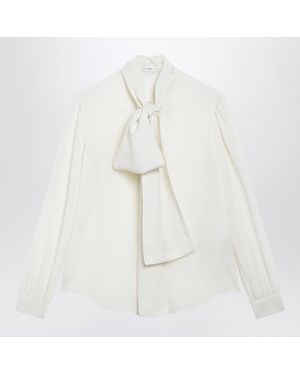 Saint Laurent Chalk Silk Lavalliã¨Re-Neck Blouse - White
