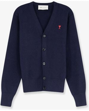 Ami Paris Wool Cardigan With Iconic Embroidery - Blue