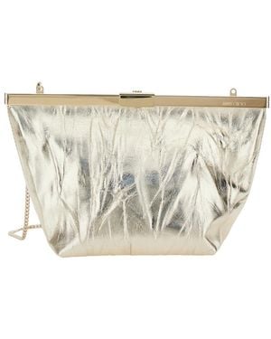 Jimmy Choo 'Ganache' Metallic Clutch With Chain-Link Shoulder Strap And Clasp Closure - Gray