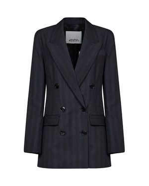 Isabel Marant Marant Etoile Dark Anthracite Check Stretch Wool Jevima Double-Breasted Blazer - Blue