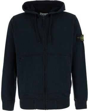 Stone Island Hooded Sweatshirt With Fixed Hood And Logo Patch On The Sleeve - Blue