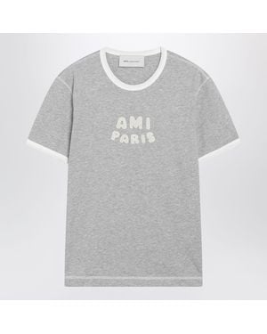 Ami Paris Cream Cotton T-Shirt With Logo Applique - Gray