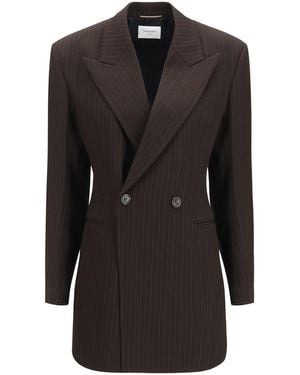 Saint Laurent Double-Breasted Pinstripe Wool Jacket Marron - Black