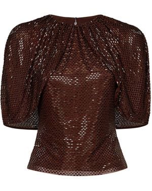 Self-Portrait Self Portrait Rhinestone-Embellished Tulle Top With Cape Sleeves - Brown